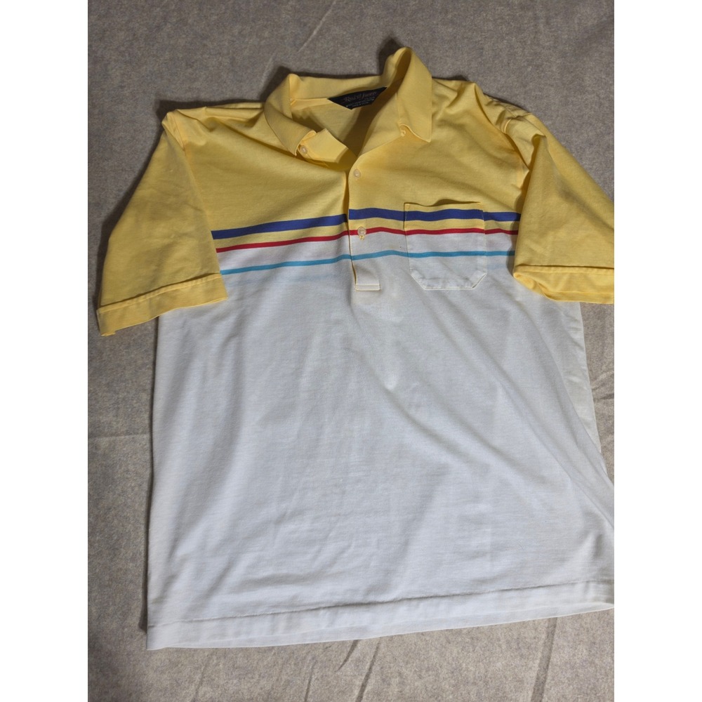 Reed St. James Mens Yellow White Striped Short Sleeve‎ Polo Shirt Large Pocket